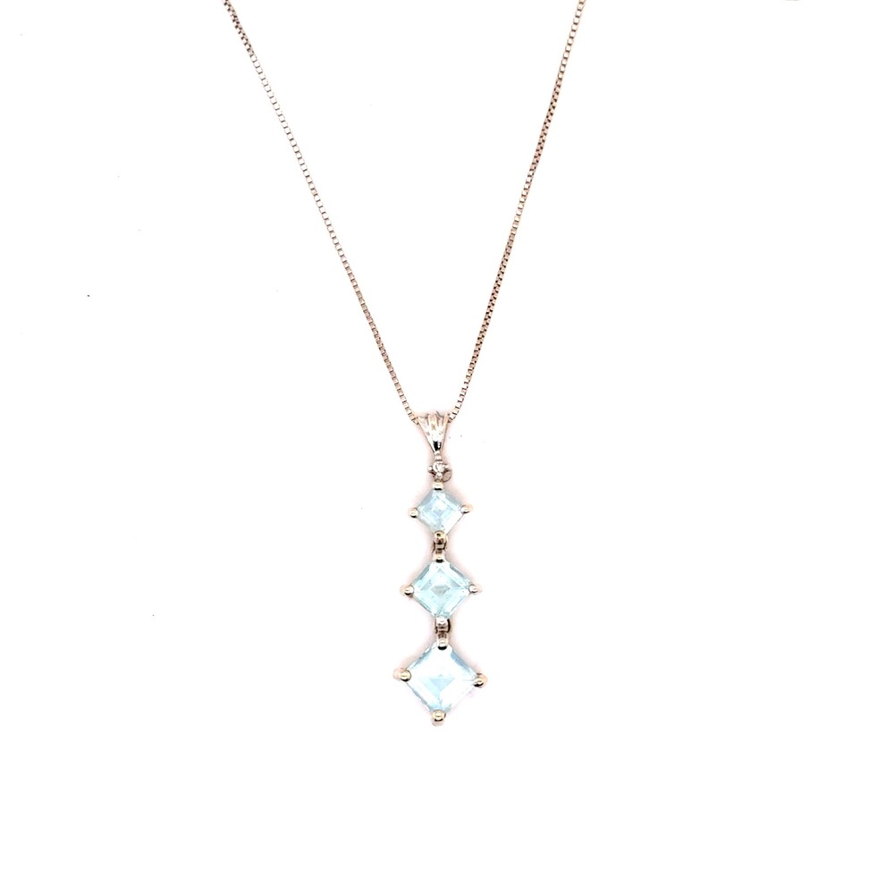 14k White Gold Aquamarine Triple Stone Drop Pendant Necklace 20 Inch Chain 2.4g
